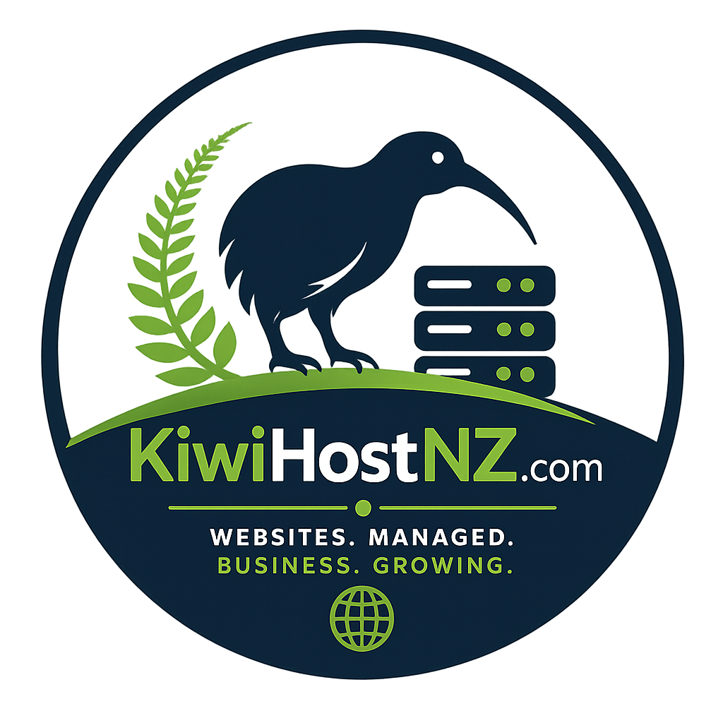 KiwiHost NZ — kiwi bird, silver fern and server stack emblem